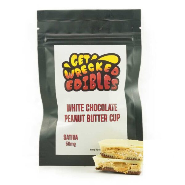 Get Wrecked Edibles – White Chocolate Peanut Butter Cup 50mg THC (Sativa)